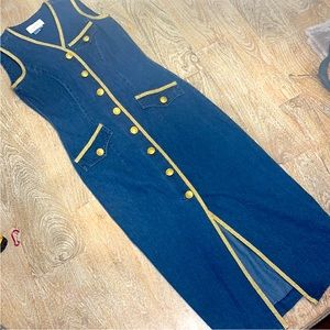 Vtg 90s Cache Denim Bodycon Gold Trim Bombshell Button Dress